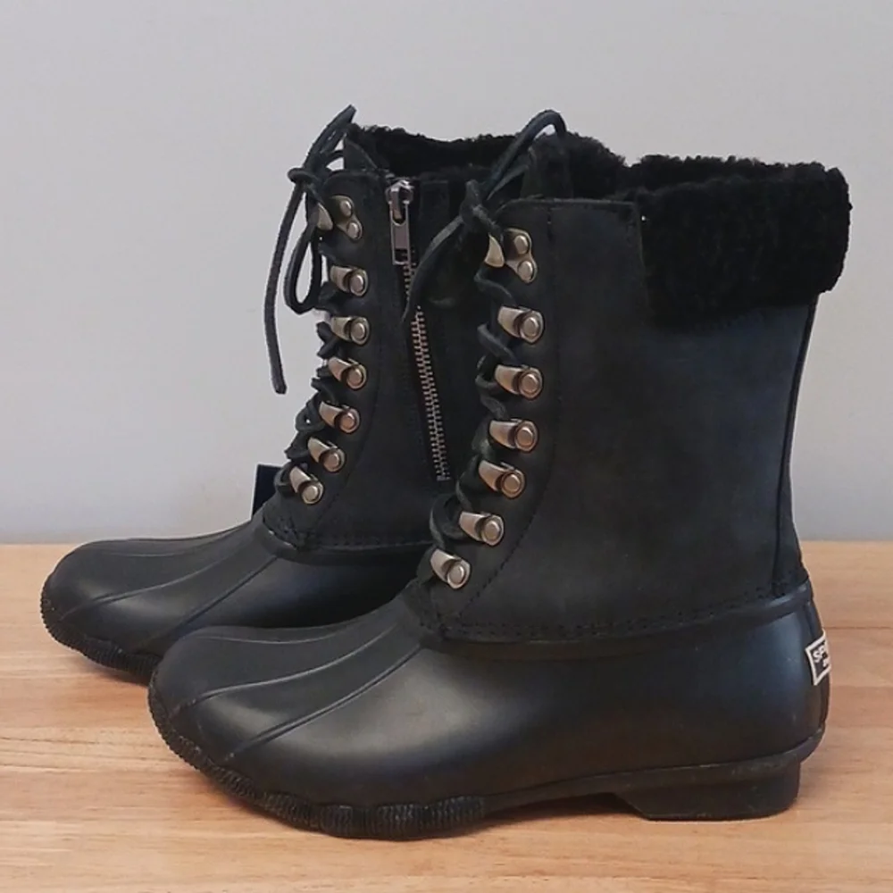 NWT Sperry Saltwater Tall Leather Black Waterproof Boot Size 6.5 - Picture 6 of 16